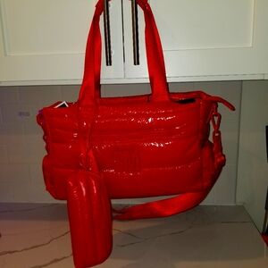 Steve Madden Puffer Red Oversized Bag with Bonus Case and Crossbody Strap
